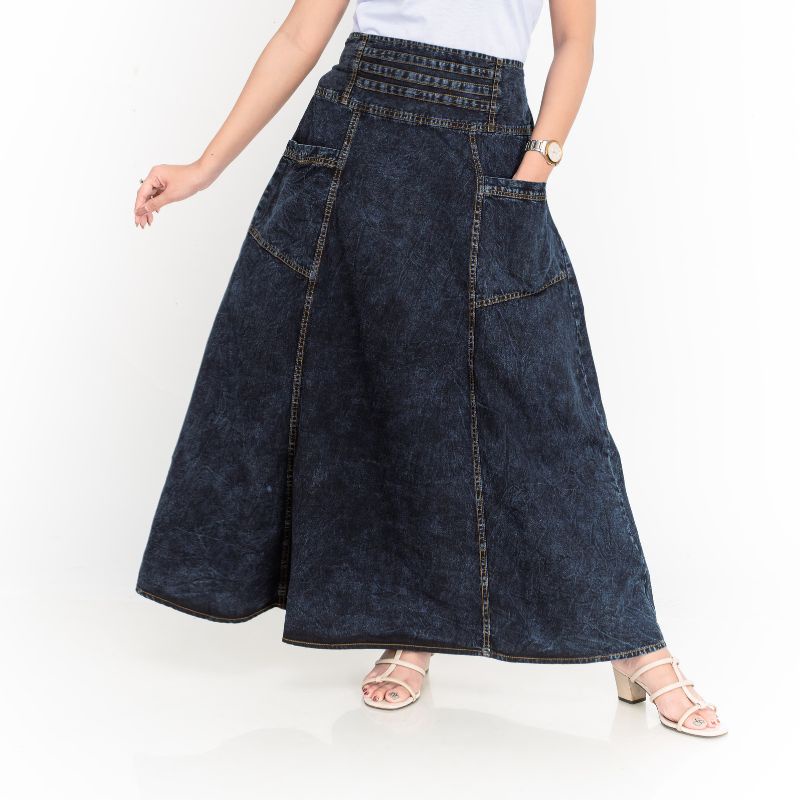 Molding - Rok Payung Jeans Premium Warna Hitam Snow Model Pinggang Garis Original Ukuran All size Da