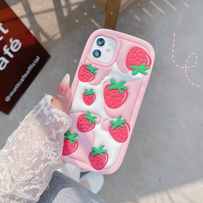 Stereoscopic Cute Pink Red Strawberry Silicone Soft Case for IPhone 6S 7 8 Plus X XR Max IPhone 11 12 13 14 Pro Max Cute TPU Phone CASE Cute Pretty Girl's Fashion