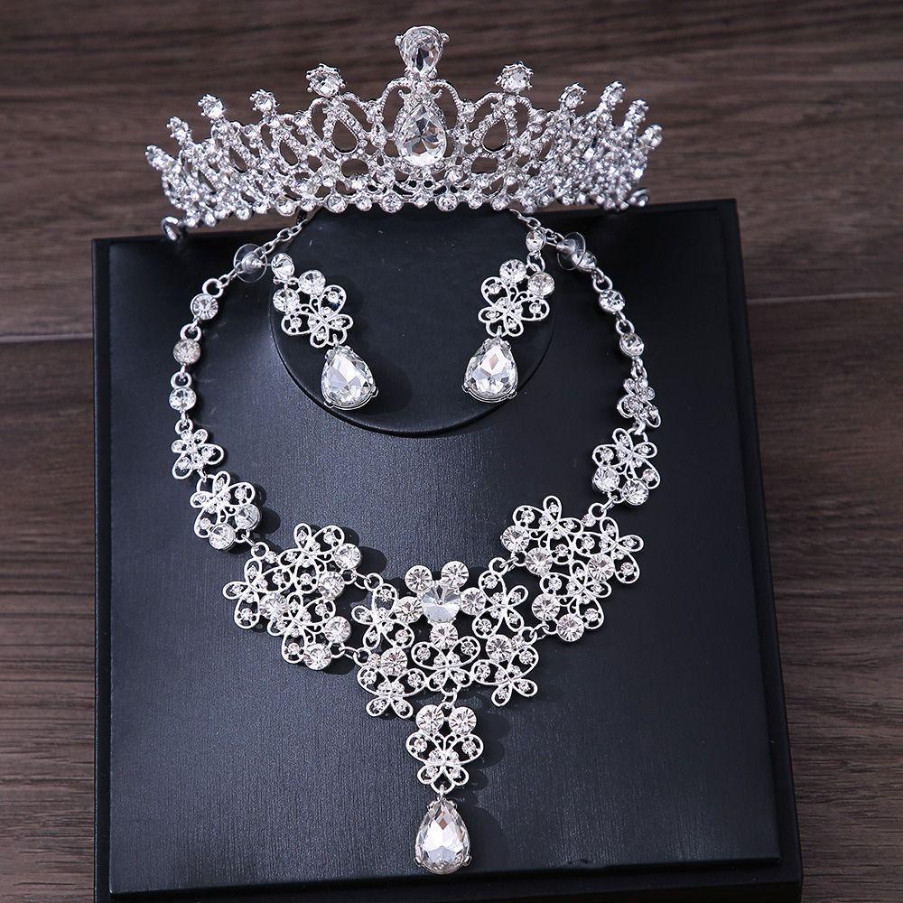 Needway Set Perhiasan Pernikahan Pengantin Temperamen Indah Hadiah Anniversary Elegan Berlian Imitasi Tiara Drop Anting Mahkota Set Perhiasan