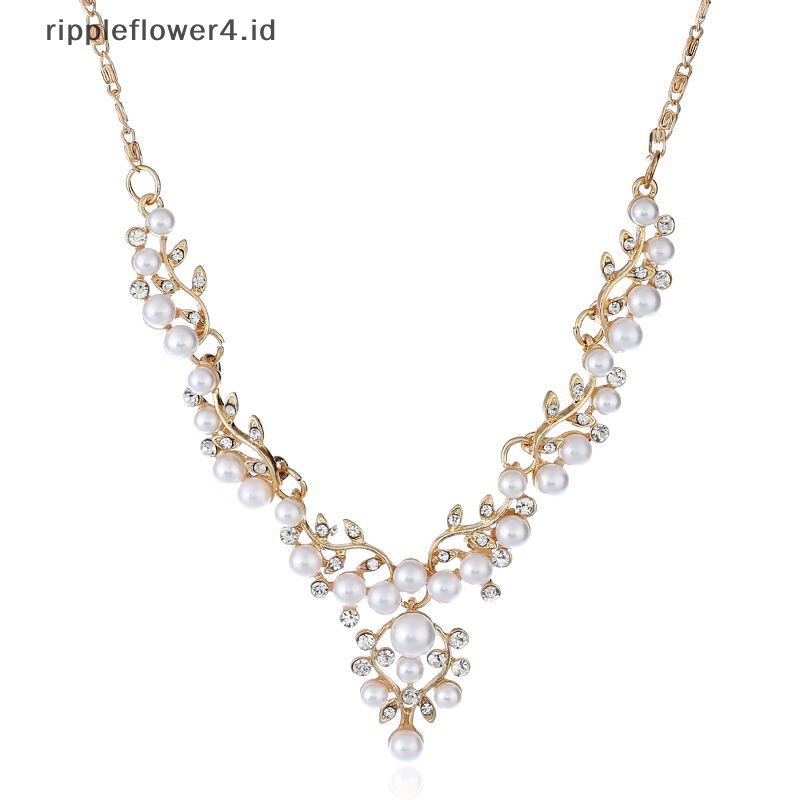 {rippleflower4.id} Set Perhiasan Kalung Anting Mutiara Imitasi Pengantin Elegan~