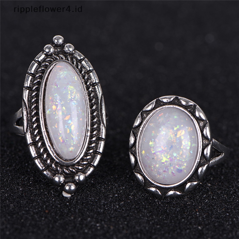 {rippleflower4.id} 8pcs /Set Cincin Perak Putih Api Opal Cincin Kawin Tunangan Cincin Wanita Perhiasan~