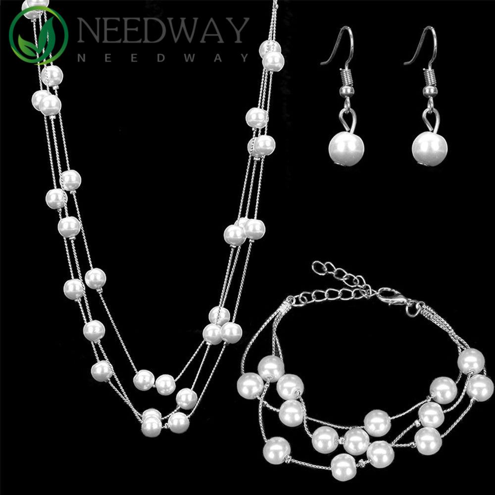 Needway   Set Perhiasan Aksesoris Fashion Anting Pernikahan Gelang Mutiara Kalung