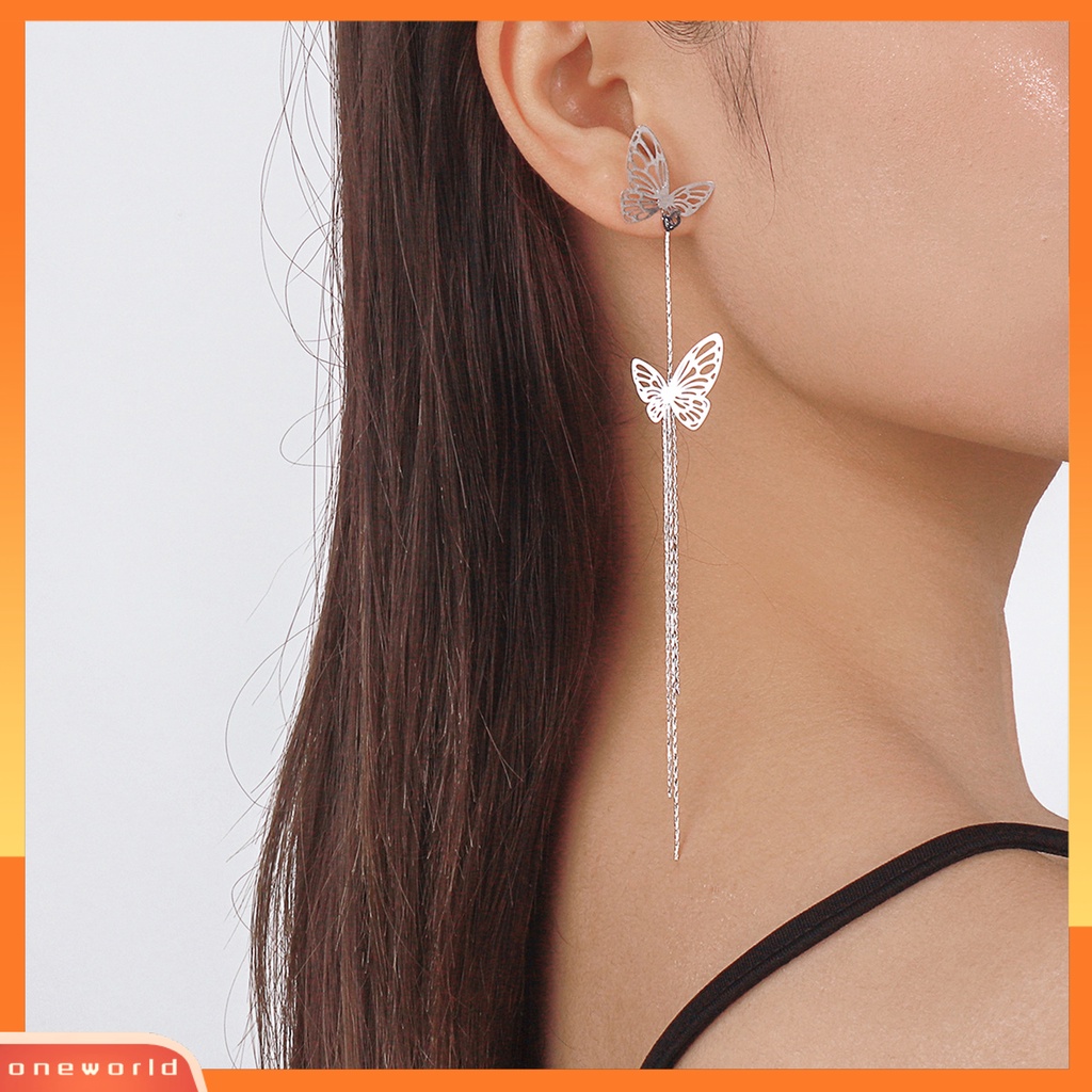 [WOD] Menjuntai Anting Rumbai Panjang Hias Lapisan Ganda Temperamen All-match Perhiasan Hadiah Logam Wanita Berongga Kupu-Kupu Liontin Drop Earrings Untuk Perjamuan