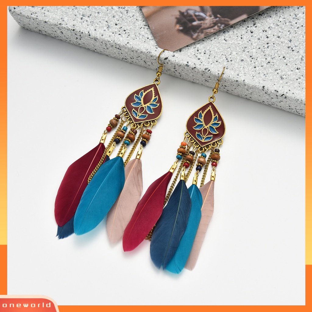 [WOD] 1pasang Manik-Manik Multicolor Retro Drop Earrings Bohemian Panjang Bulu Kait Anting Perhiasan Pesta