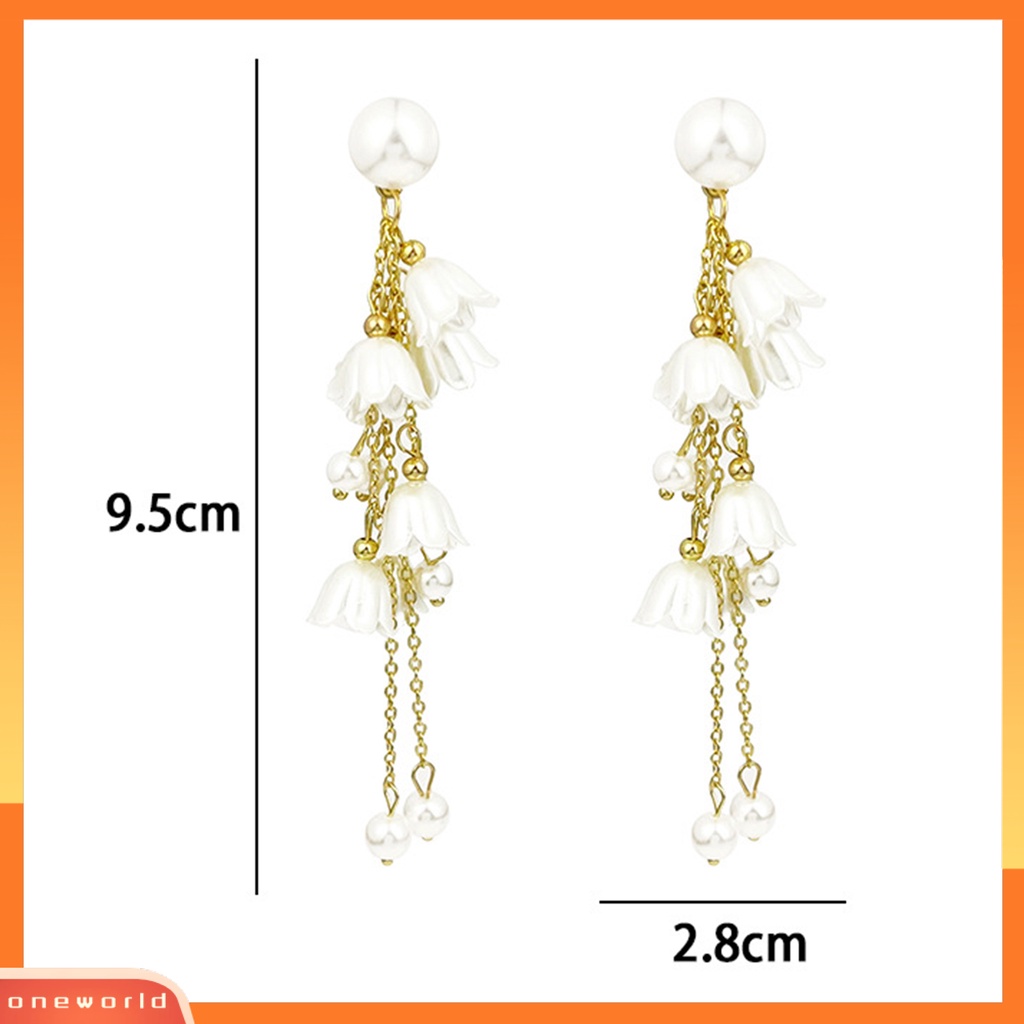 [WOD] 1pasang Anting Rumbai Bunga Liontin Mutiara Imitasi Electroplating Tidak Alergi High Gloss Ear Ornament Colorfast Lady Elegan Anting Rumbai Rantai Panjang Untuk Pacaran