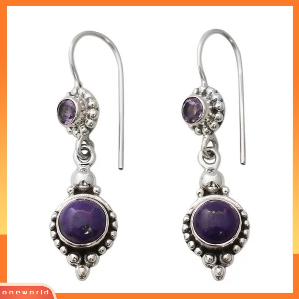 [WOD] Vintage Wanita Imitasi Amethyst Batu Bulat Menjuntai Kait Anting Perhiasan Pesta