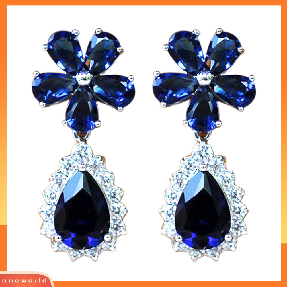 [WOD] Fashion Wanita Bunga Drop Pear Liontin Berlian Imitasi Menjuntai Stud Anting Perhiasan