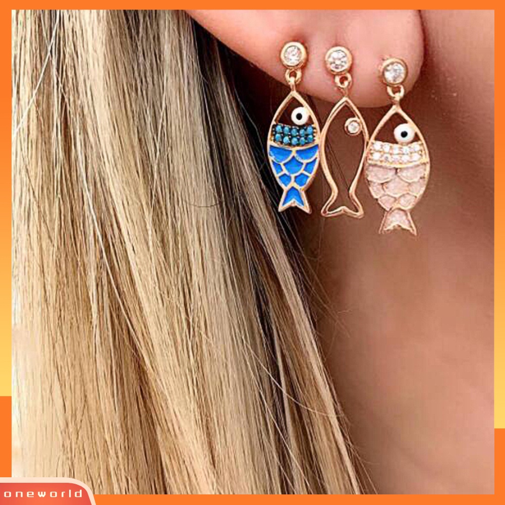 [WOD] 3pcs/set Bohemian Berongga Ikan Berlian Imitasi Pesona Stud Anting Wanita Perhiasan Hadiah