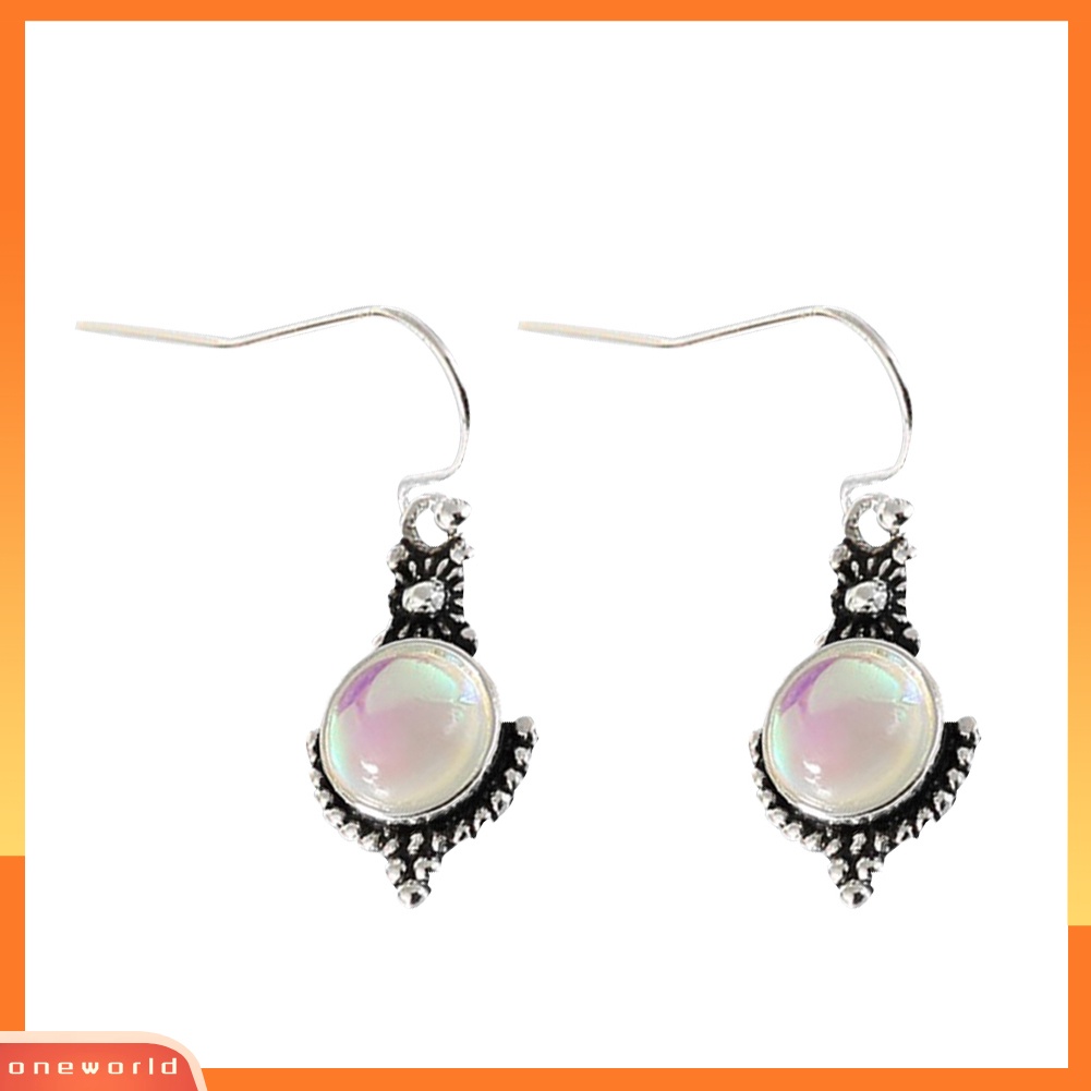 [WOD] Vintage Wanita Warna Pelangi Faux Moonstone Gemstone Menjuntai Kait Anting Perhiasan