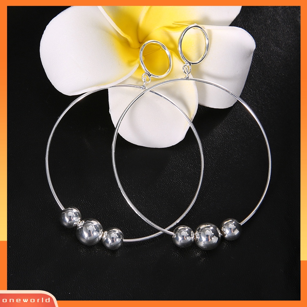 [WOD] Wanita Fashion Manik-Manik Geometris Bulat Besar Lingkaran Hoop Earrings Statement Jewelry