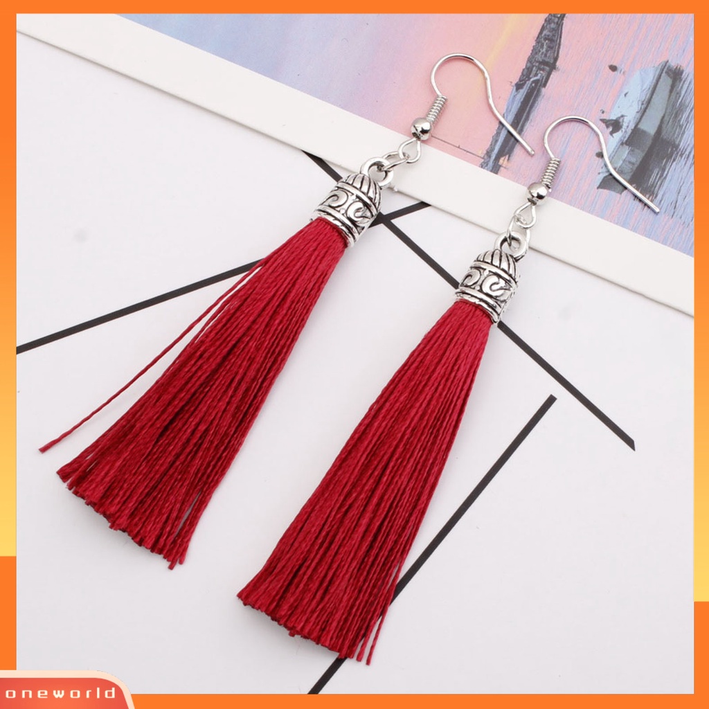 [WOD] 1pasang Anting Kait Bohemian Artistik Benang Katun Fringe Desain Menjuntai Earrings Aksesoris Telinga