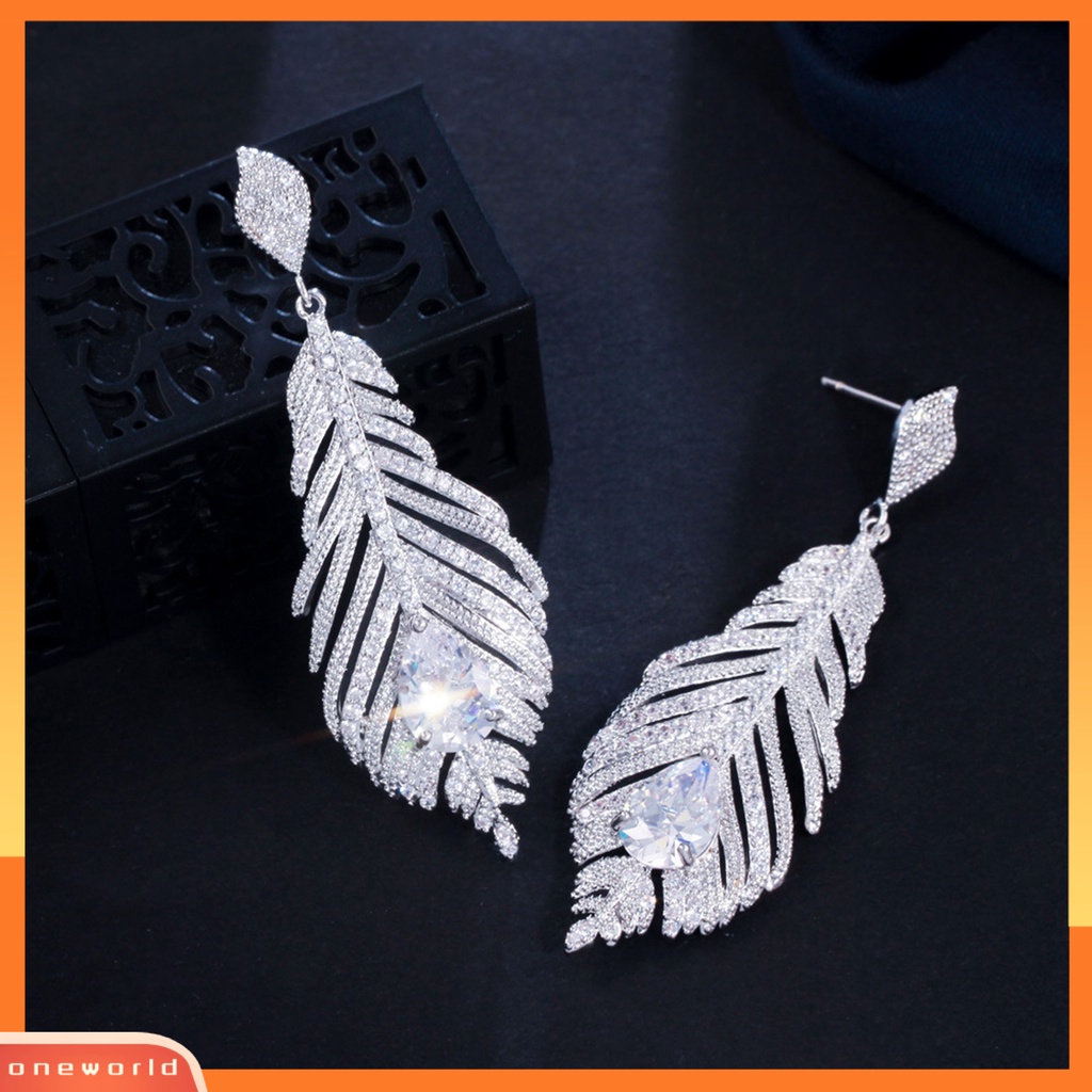 [WOD] 1pasang Anting Menjuntai Daun Pisang Shiny Cubic Zirconia Hollow Out Stud Earrings Untuk Pernikahan