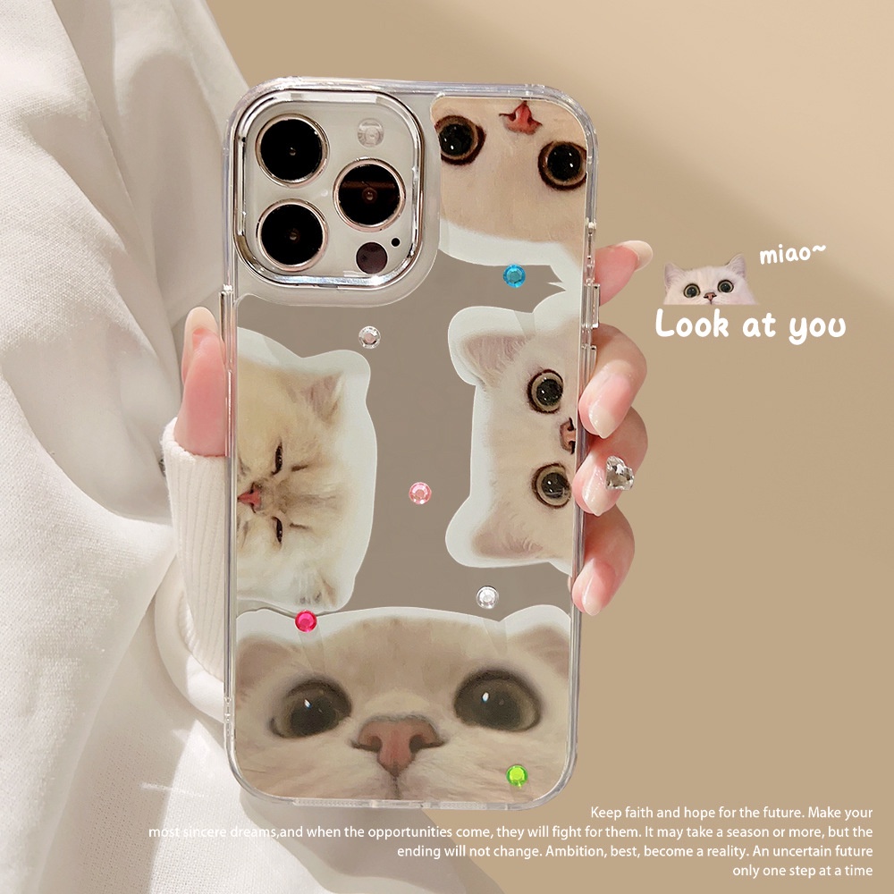 Kucing Hewan Peliharaan Lucu Menonton Anda Ponsel Cermin Makeup Case Electroplated Camera Frame Cover Dengan Berlian Imitasi Stiker Untuk Iphone/11 12 13 14 PRO MAX