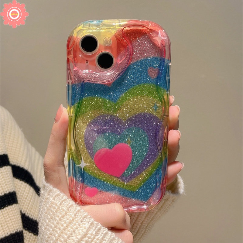 Casing Love Heart Pelangi Gradasi Untuk Redmi Note11 12 10 8 9 11s 10 Pro Max Redmi 9A A1 10 9T 9C 9 10A A2 10C 9C NFC POCO M3 3D Wavy Curved Edge Glossy Soft Cover