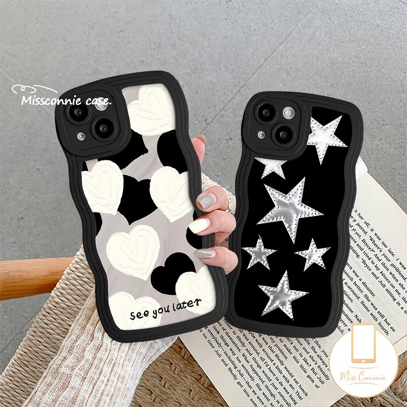 Fashion Seni Sederhana Lukisan Minyak Cinta Hati Ponsel Case Kompatibel Untuk IPhone XR 11 14 13 12 Pro Max 7Plus 8Plus 7 6s 6 8 14 Plus XS Max X SE 2020 Bintang Bersinar Lembut Bergelombang Edge Case