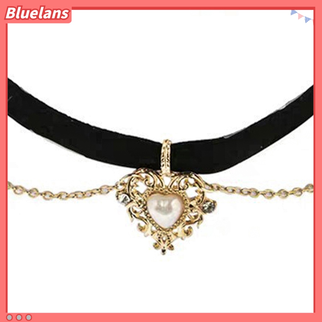 [BLS] Wanita Liontin Hati Mutiara Imitasi Alloy Choker Baroque Gothic Kalung Untuk Tanggal