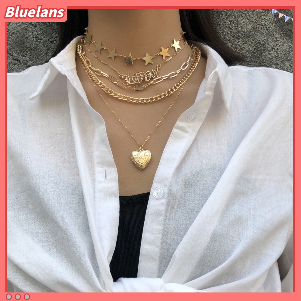 [BLS] 5pcs/set Wanita Multilayer Bintang Hati Cinta Pesona Rantai Kalung Perhiasan Hadiah