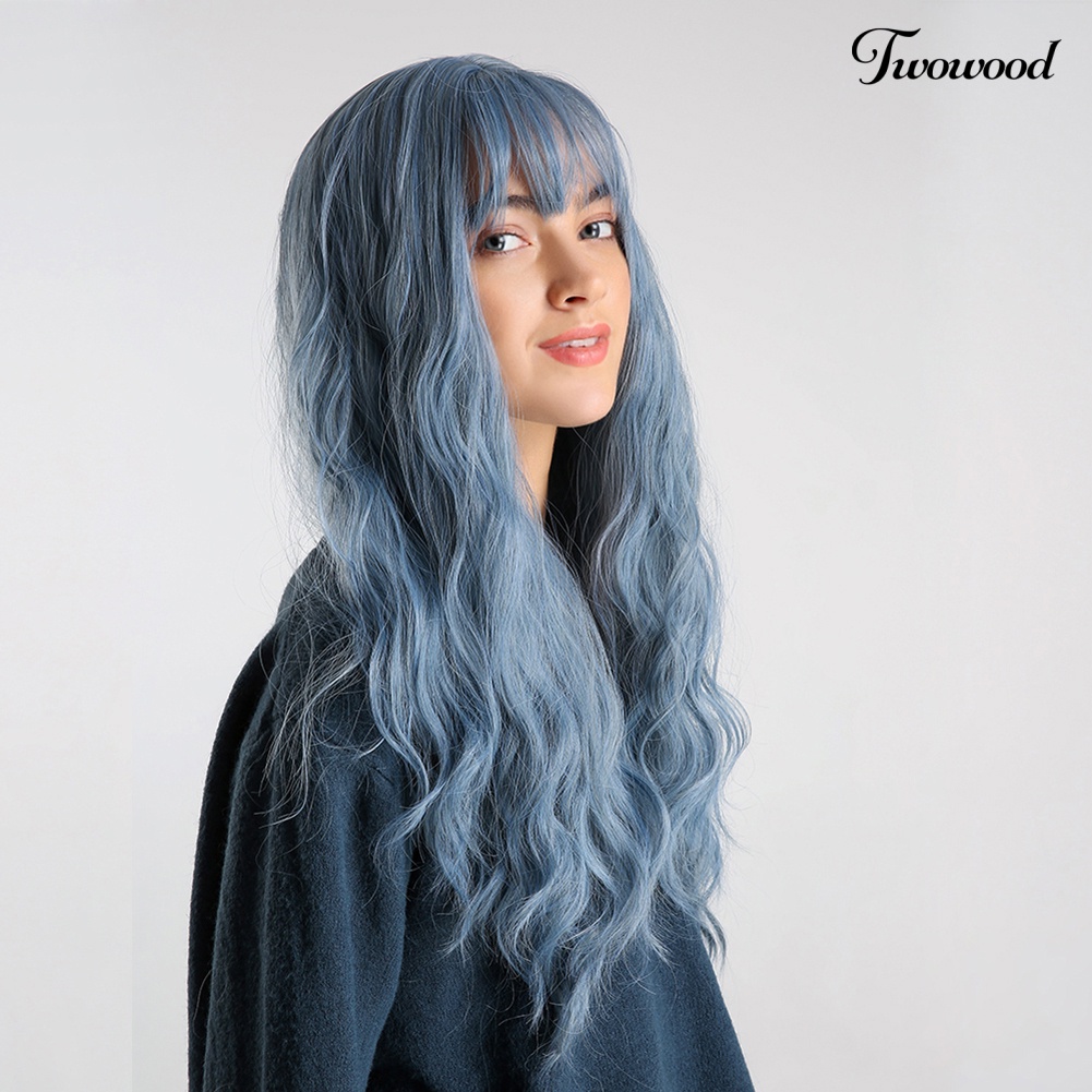 Twowood Serat Suhu Tinggi Biru Panjang Keriting Bang Wig Wanita Cosplay Pesta Sopak