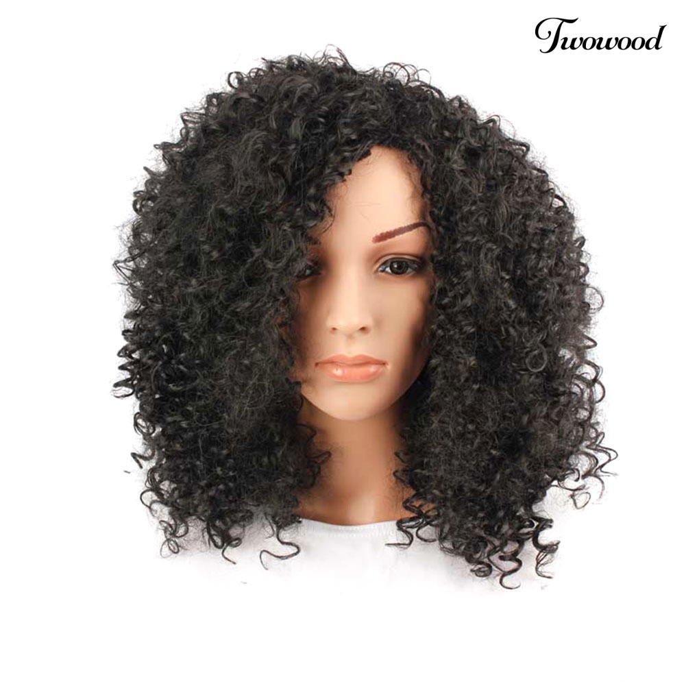 Twowood Wanita Fashion Afrika Hitam Pendek Keriting Bergelombang Rambut Tahan Panas Wig Sopak