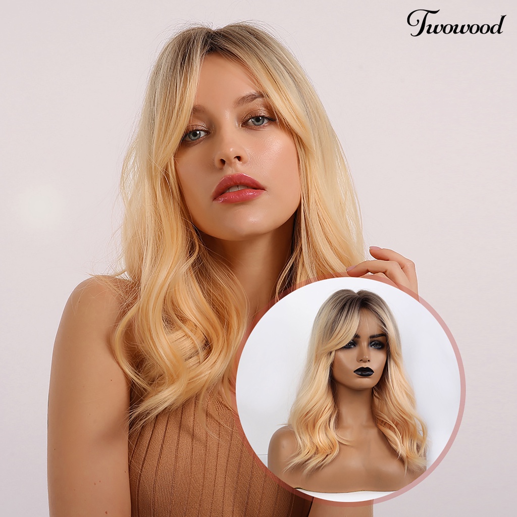 Twowood Wanita Bergelombang Medium Rambut Panjang Fashion Tahan Panas Pesta Cosplay Wig Sintetis