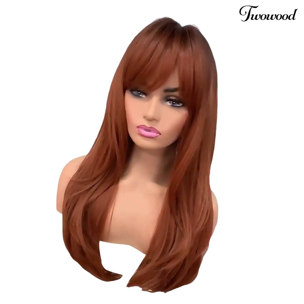 Wig Cosplay Twowood Dyed Halus Ringan Merah-Coklat Wig Poni Miring Lurus Panjang Untuk Kehidupan Sehari-Hari