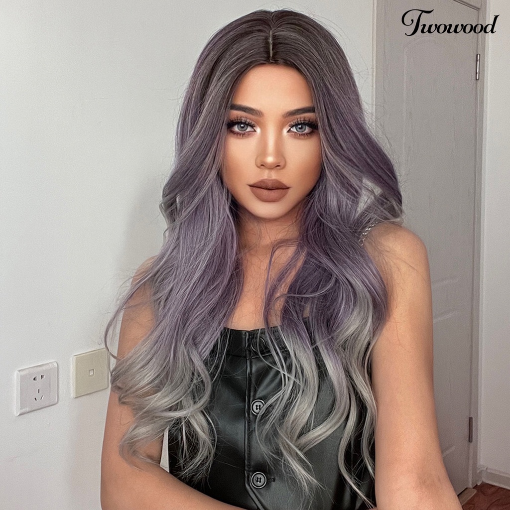 Twowood Gradient Wig Digunakan Kembali Fashion Berbulu Menarik Universal Lady Alat Kecantikan Ringan Medium Brown Gradient Ungu Abu Wig Keriting Panjang Untuk Rumah