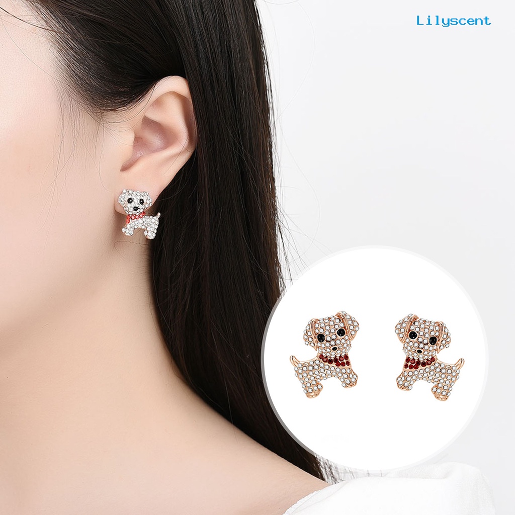 [LS]1 Set Wanita Anjing Kalung Indah Mewah Elegan Dainty Golden Hadiah Padat Berlian Imitasi Bertatahkan Puppy Stud Earrings Kit Fashion Perhiasan