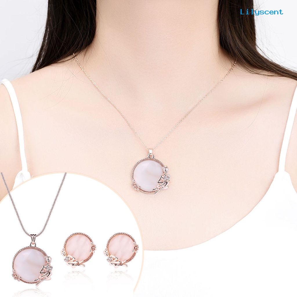 [LS]1 Set Kalung Anting Set High Gloss Bulat Opal Electroplating Kristal Imitasi Dress Up Stud Anting Liontin Kalung Set Perhiasan Aksesori