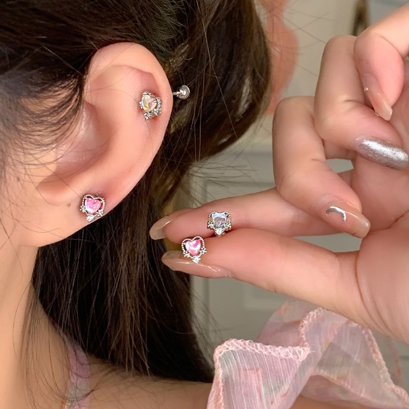 Y2k Anting Perak Hati Korea Pink Hias Berlian Stud Earrings Untuk Wanita Fashion Perhiasan Aksesoris