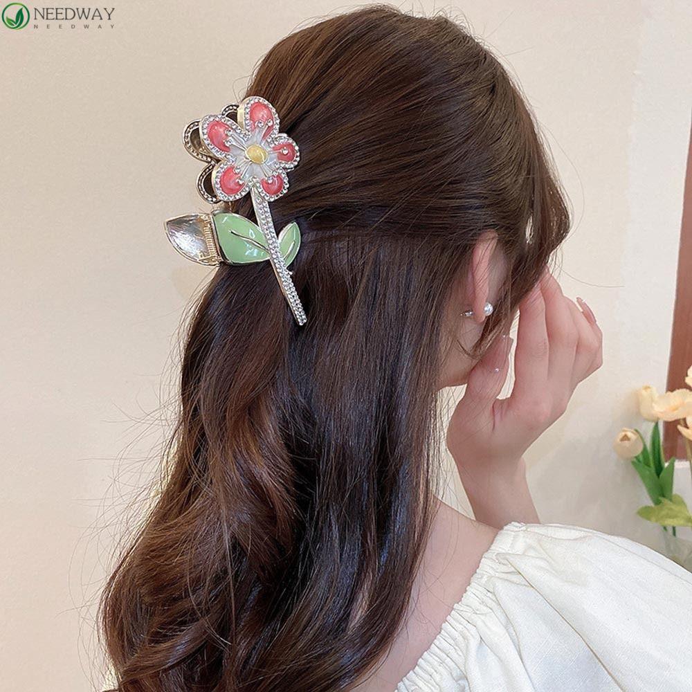 Needway Bunga Rambut Cakar Kepribadian Ins Vintage Geometris Heardress Untuk Gadis Ponytail Holder Fashion Hiasan Kepala Zirkon Wanita Hair Clip