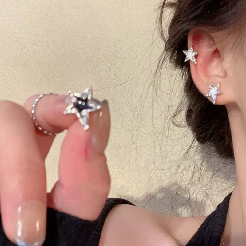Anting Hitam Putih Bintang Zirkon Anti Karat Perhiasan Telinga Feminim Grosir