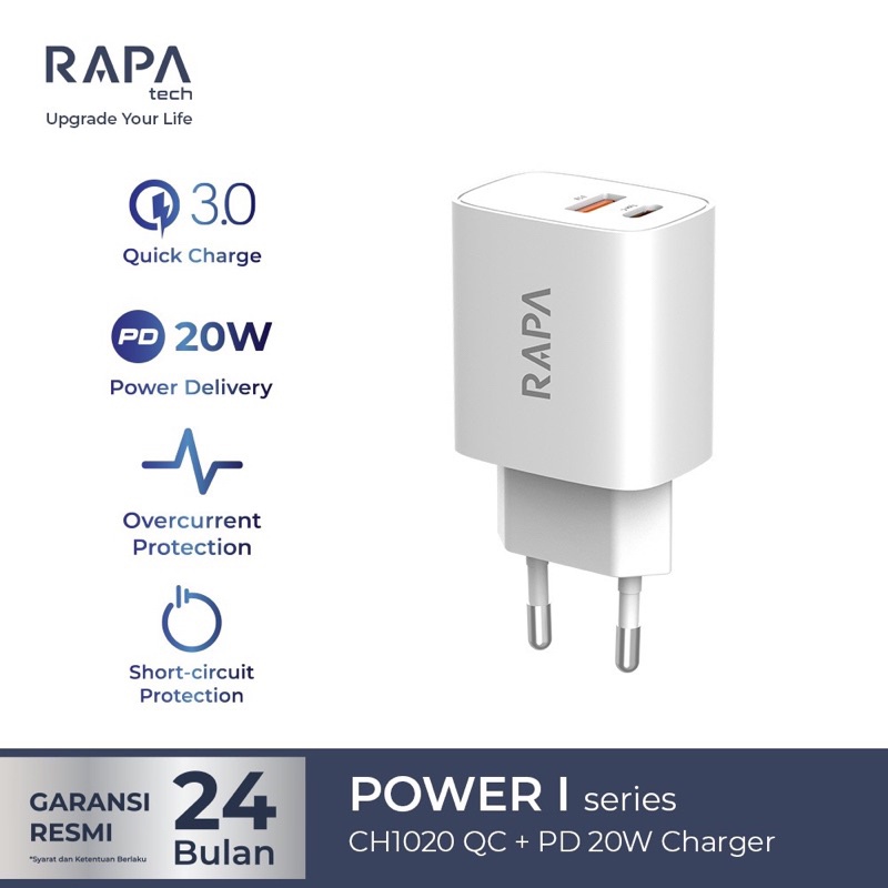 ORIGINAL RAPAtech POWER ADAPTER DUAL PORT USB A &amp; USB C CHARGER 20W PD FAST CHARGING (ADAPTOR CH-1020) original bergaransi