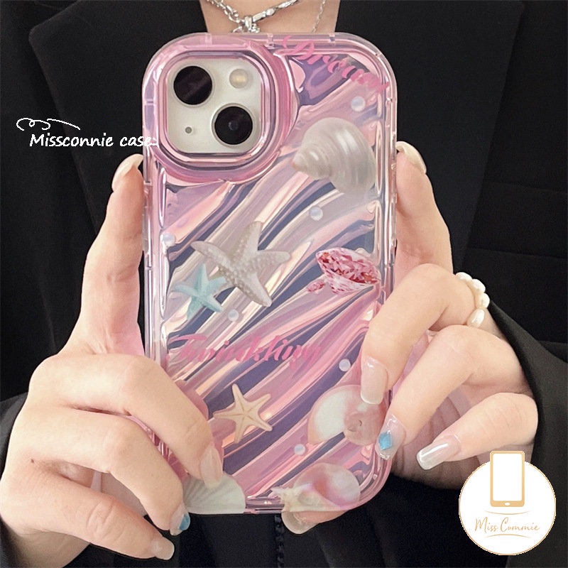 IPHONE Fantasy Case Bening Kartu Laser Mutiara Bintang Laut Shell Kompatibel Untuk Iphone11 12 13 14 Pro Max7 8 Plus 6 6S 7 8 Plus XR X XS MAX SE 2020kreativitas 3D Stereo Motif Bergelombang Cover