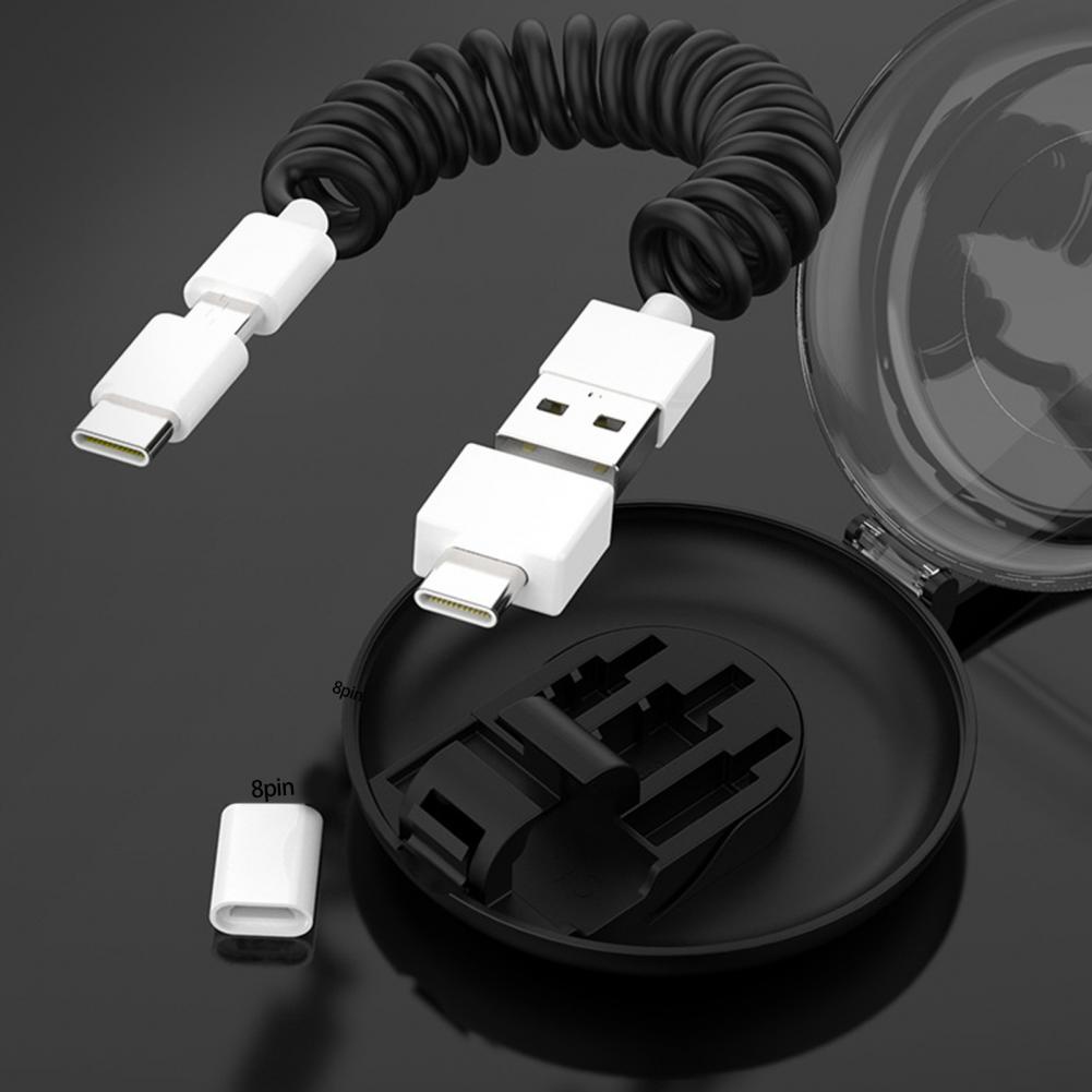 Kabel Cas 3adaptor Dengan Kotak Penyimpanan Pengisian Melar 3in1 Telepon USB Spring Kabel Data Untuk Android Untuk 8Pin Untuk Type-C