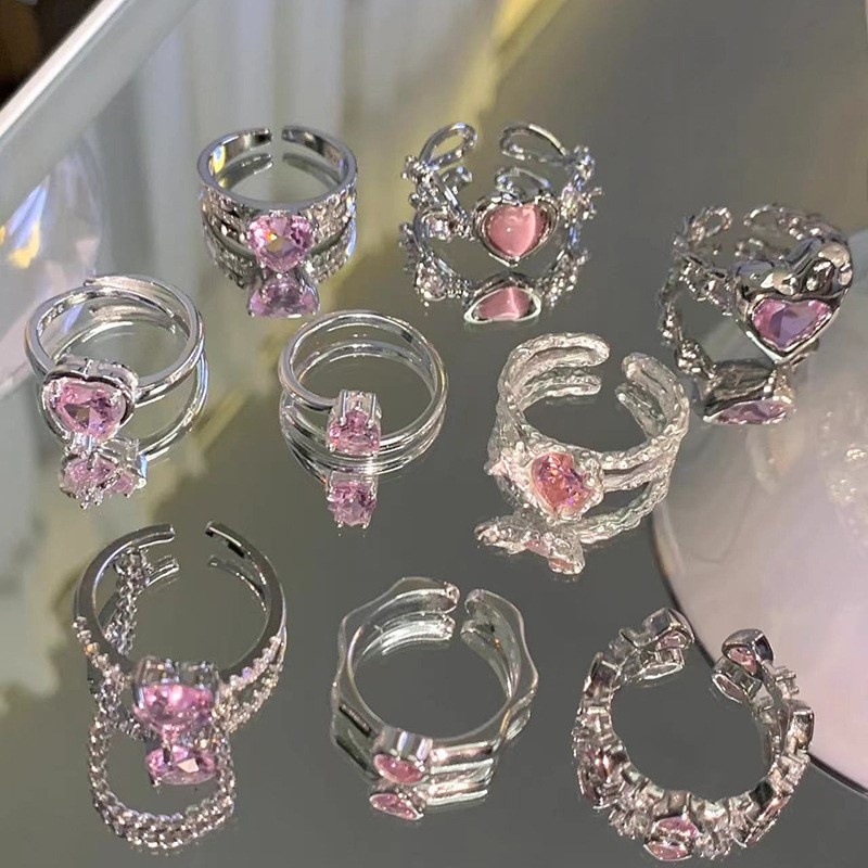 Merah Muda Kristal Zirkon Jantung Busur Terbuka Cincin Fashion Jari Telunjuk Rings