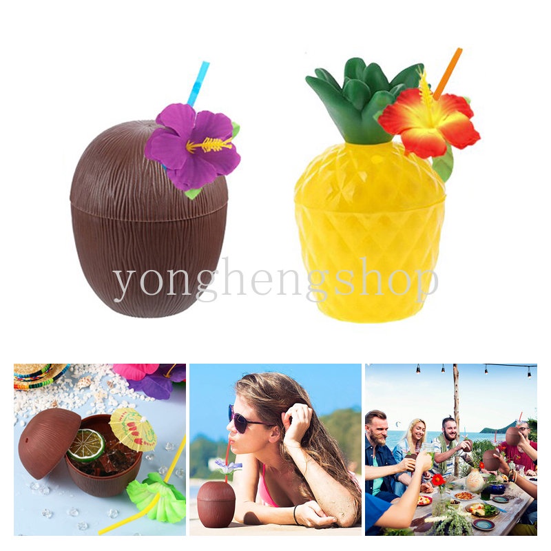 Kreatif Hawaii Pesta Nanas Kelapa Cangkir Minum Dengan Tutup Sedotan Tema Pantai Tropis Party Drinkware Drink Decor Water Juice Cups