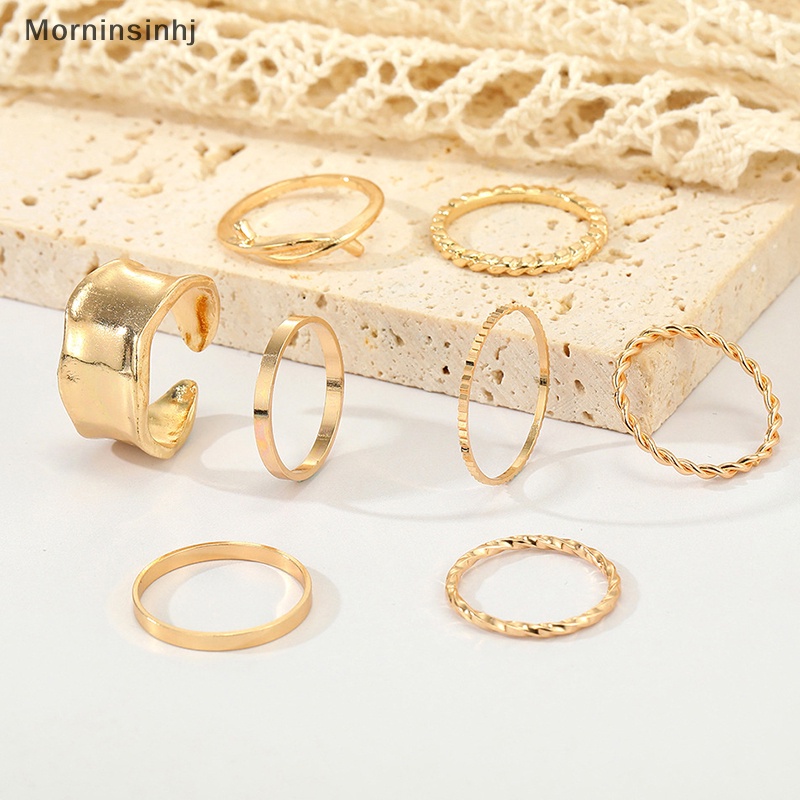 Mornin 8Pcs /Set Punk Metal Geometric Ring Set Untuk Wanita Vintage Minimalis Metal Wide Knuckle Ring Finger Perhiasan Hadiah id