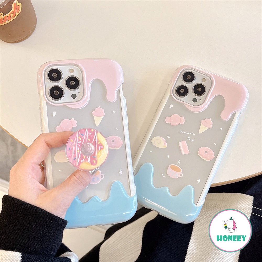 IPHONE Lucu 3D Donat Holder Stand Melted Ice Cream Soft Phone Case Untuk Iphone14 13 12 Pro Max11 Lovely Shockproof Back Cover