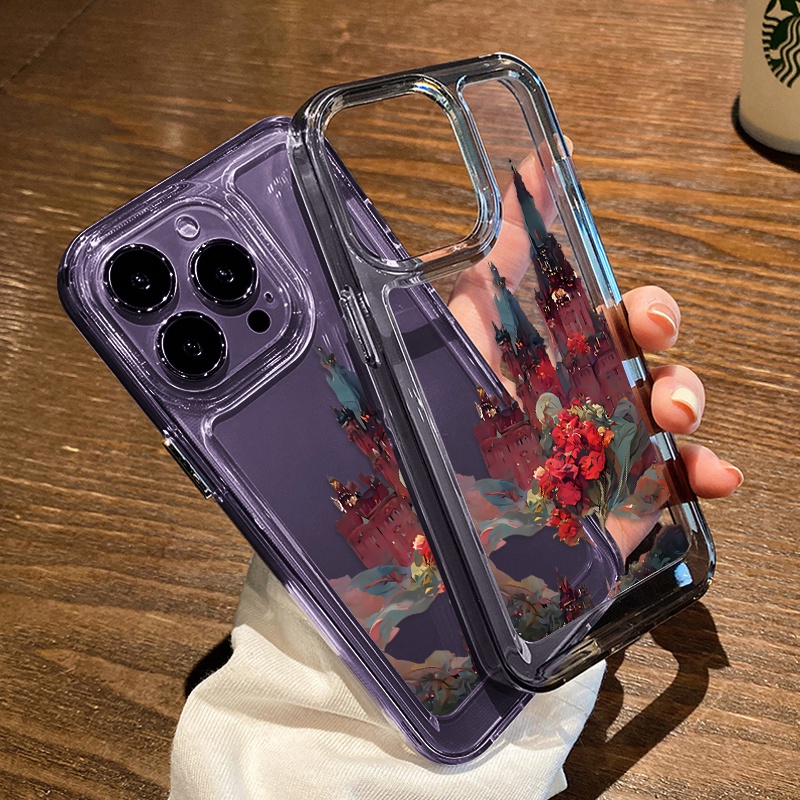 IPHONE Casing Kastil Mawar Merah Untuk Iphone6 Kompatibel 7 8 6Plus 7Plus 8Plus 11 14 Pro Max X XS XR 11 12 13 14 Pro Max SE 2020 2022 Plating Electroplated Buttons Shockproof Cover