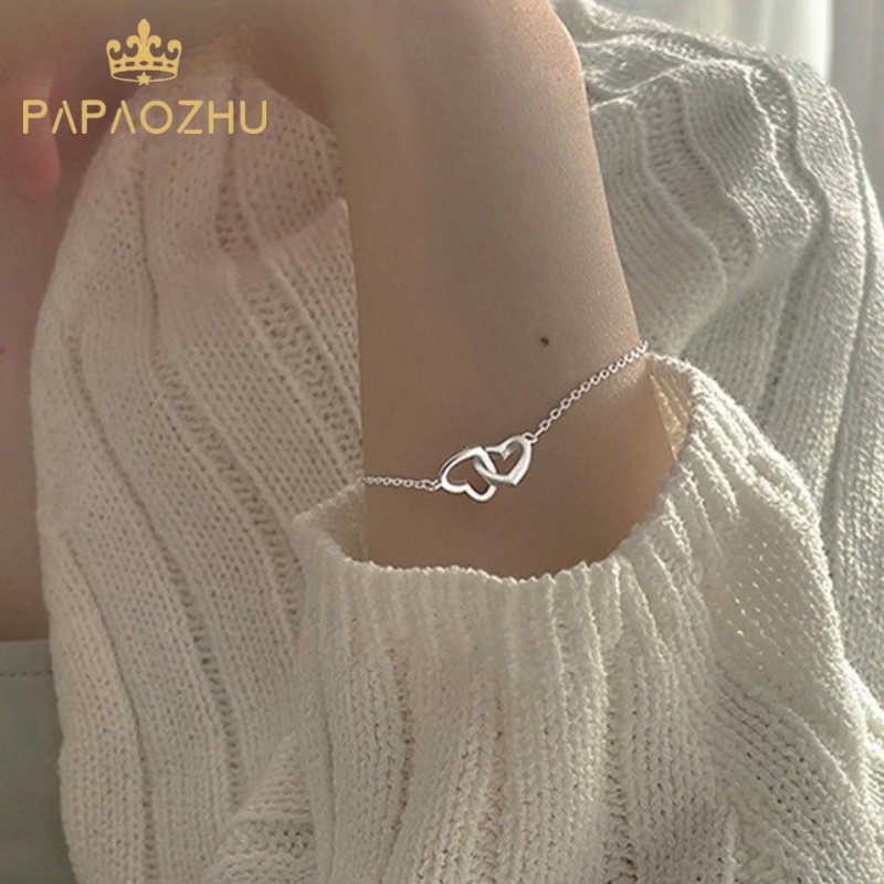 Papaozhu Korea s925 Perak Berongga Hati Ke Hati Pesona Gelang Untuk Wanita Gadis Cinta Romantis Gelang Sederhana Fashion Pergelangan Tangan Rantai Perhiasan Aksesoris
