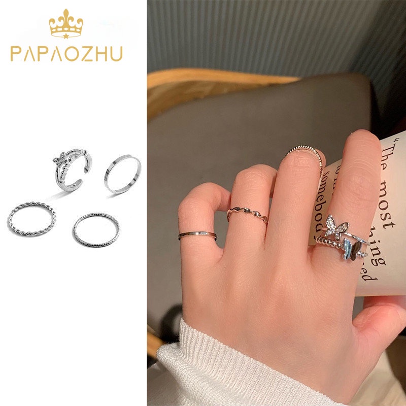 Papaozhu 4 Pcs Geometris Perak Memutar Kupu-Kupu Cincin Set Untuk Wanita Gadis Halus Pacaran Pertunangan Cincin Set Perhiasan