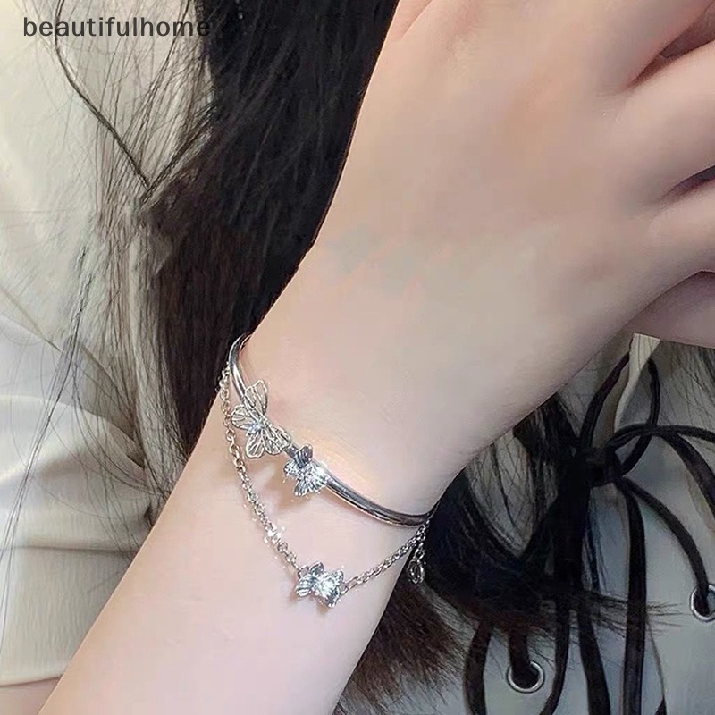 {beautifulhome} Gelang Rantai Desain Kupu-Kupu Lapisan Ganda Rumbai Gelang Pembukaan Yang Dapat Disesuaikan Bersinar Rantai Kupu-Kupu Temperamen All-Match Gelang Perhiasan Untuk Aksesoris Wanita