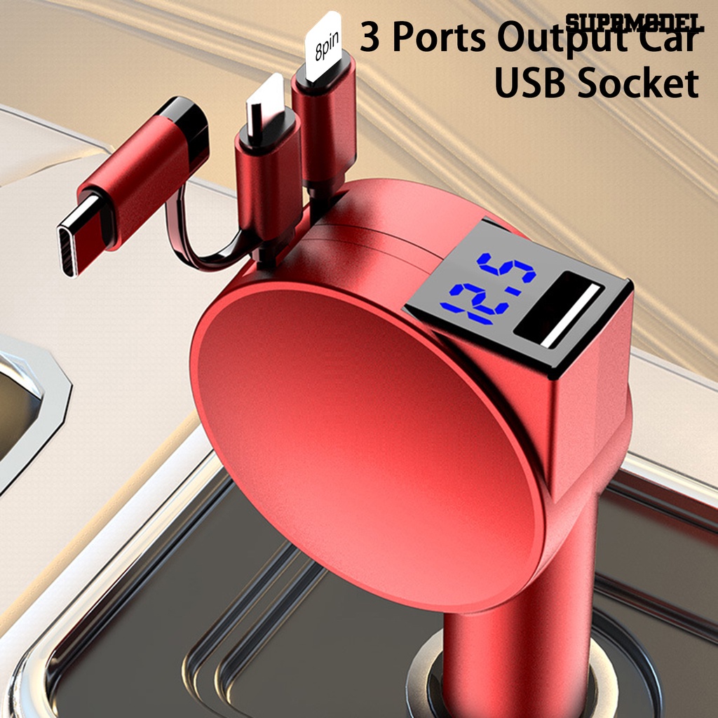 [SM]60W Charger Mobil 3-in-1 Ditarik Pengisian Cepat 3port Output Mobil USB Soket Aksesoris Ponsel