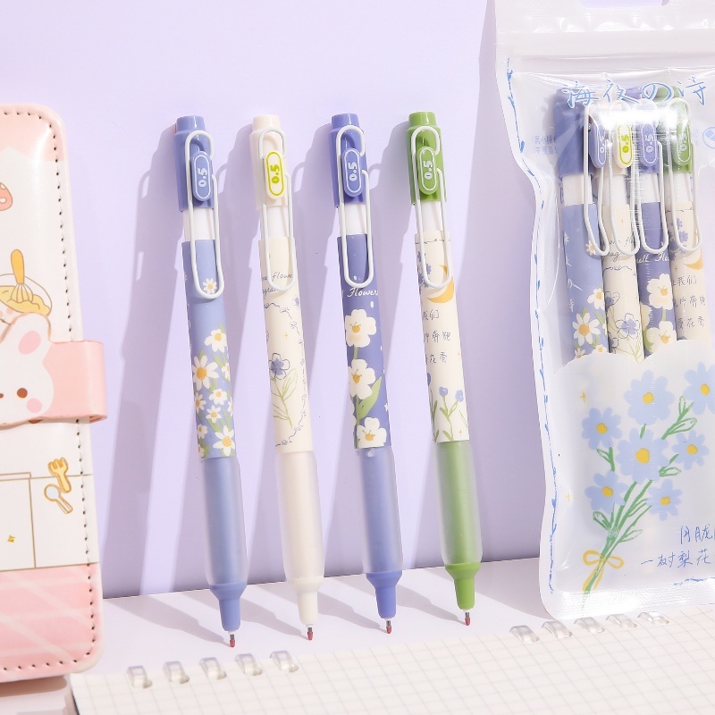 0.5mm Kreatif Tinta Hitam Daisy Halus Press Gel Pen/ Sederhana Cepat Kering Bunga Pola Tanda Tangan Pulpen Siswa Menulis Alat Tulis Perlengkapan Kantor Sekolah