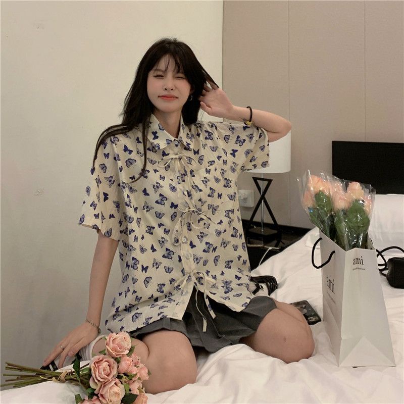 Kupu-Kupu Kemeja Import Wanita Lengan Pendek Bertali Casual Blouse