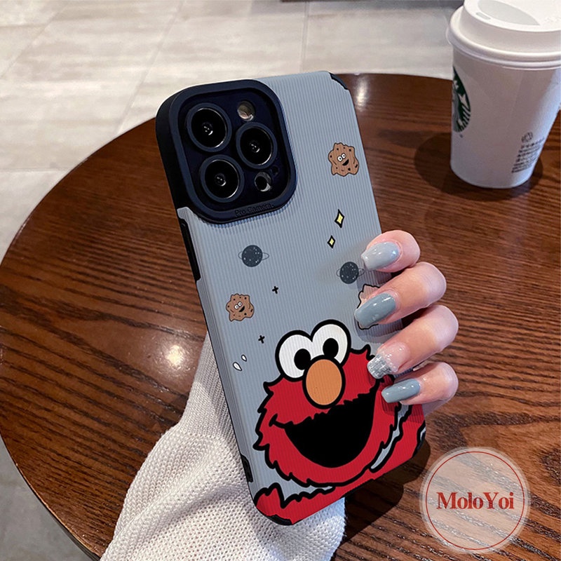 Ins Trendi Merek Merah Sesame Street Pasangan Tekstur Kulit Case Kompatibel Untuk IPhone XR X XS Max 7Plus 11 14 13 12 Pro Max7 8 Plus Shockproof Cover