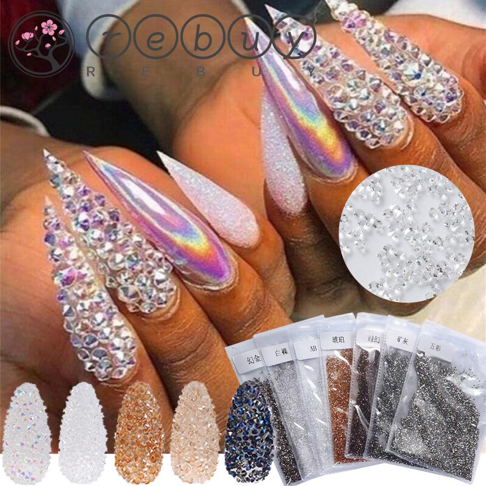 Rebuy Nail Rhinestones Bersinar Non HotFix Manik-Manik Mini Kaca Berlian Kuku Glitter DIY Nail Art