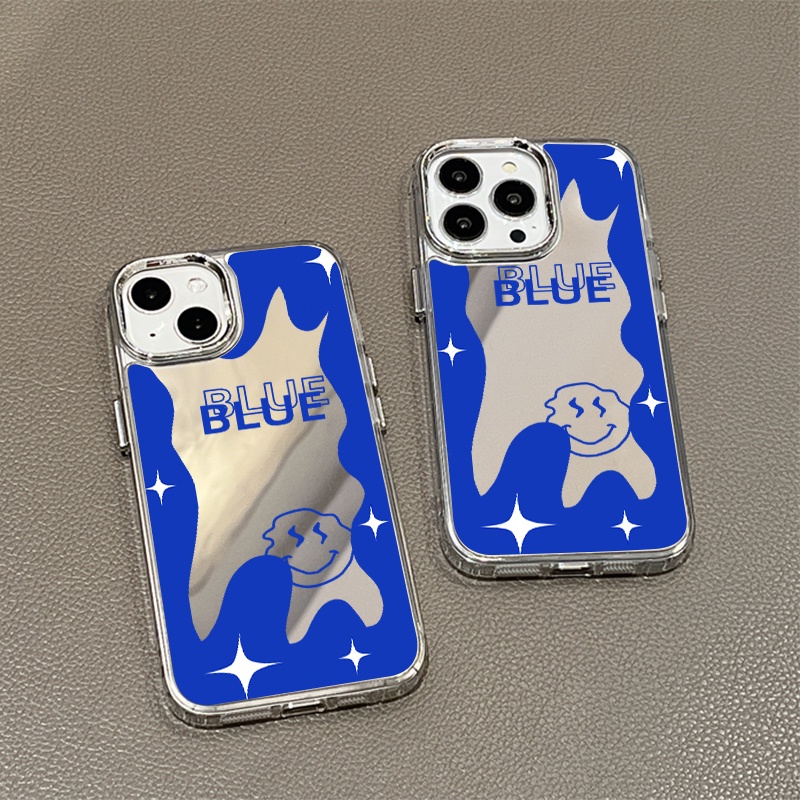 IPHONE Casing Ponsel Cermin Biru Terang Berkilau Kompatibel Untuk Iphone11 12 13 14 12Pro 13Pro 14Pro Pro Max XR X XS Max Electroplating Tombol Perlindungan Mirror Cover