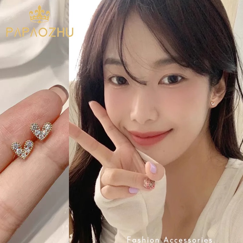 Papaozhu Halus 14 K Emas Bersinar Zirkon Jantung Stud Anting-Anting Untuk Wanita Gadis Korea Lucu Jantung Kecil Anting-Anting Hypoallergenic Pakaian Sehari-Hari Telinga Perhiasan