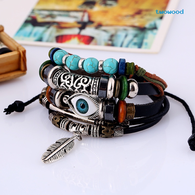 Twowood Multi-layered blue eyes Gelang Kulit Sapi Bulu Angin Etnik 5.5 Rambut Liontin Gelang Mahasiswa